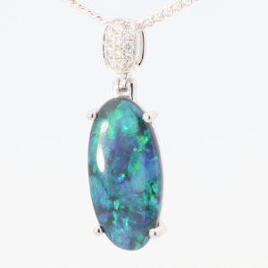 White Gold Blue Green Black Opal and Diamond Pendant