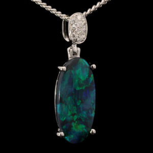 White Gold Blue Green Black Opal and Diamond Pendant