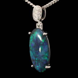 White Gold Blue Green Black Opal and Diamond Pendant