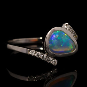 White Gold Blue Green Yellow Crystal Opal and Diamond Ring