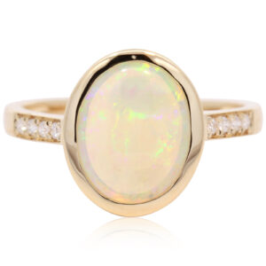 Yellow Gold Blue Green Yellow Orange Pink Solid Australian Crystal Opal and Diamond Engagement Ring