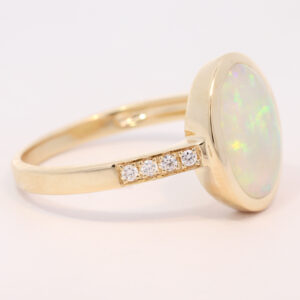 Yellow Gold Blue Green Yellow Orange Pink Solid Australian Crystal Opal and Diamond Engagement Ring