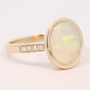 Yellow Gold Blue Green Yellow Orange Pink Solid Australian Crystal Opal and Diamond Engagement Ring