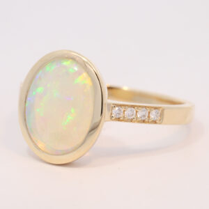 Yellow Gold Blue Green Yellow Orange Pink Solid Australian Crystal Opal and Diamond Engagement Ring