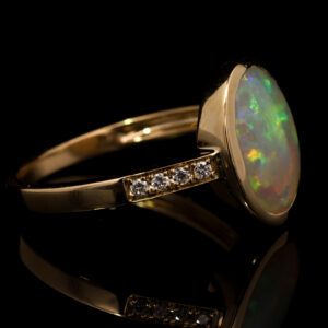 Yellow Gold Blue Green Yellow Orange Pink Solid Australian Crystal Opal and Diamond Engagement Ring