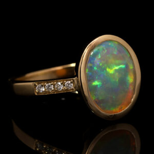 Yellow Gold Blue Green Yellow Orange Pink Solid Australian Crystal Opal and Diamond Engagement Ring