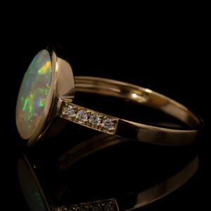 Yellow Gold Blue Green Yellow Orange Pink Solid Australian Crystal Opal and Diamond Engagement Ring