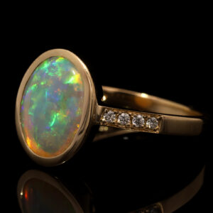 Yellow Gold Blue Green Yellow Orange Pink Solid Australian Crystal Opal and Diamond Engagement Ring