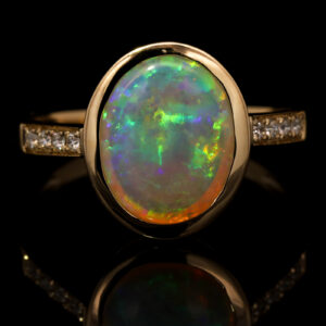 Yellow Gold Blue Green Yellow Orange Pink Solid Australian Crystal Opal and Diamond Engagement Ring