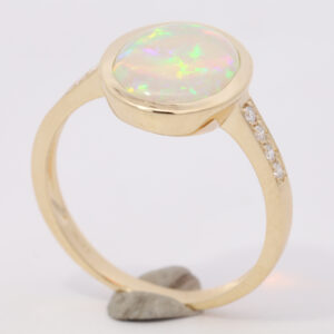 Yellow Gold Blue Green Yellow Orange Pink Solid Australian Crystal Opal and Diamond Engagement Ring