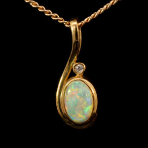 Yellow Gold Blue Green Yellow Orange Crystal Opal and Diamond Pendant