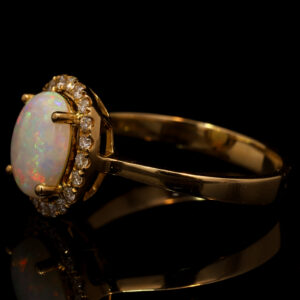 Yellow Gold Blue Green Yellow Orange Pink Solid Australian Crystal Opal and Diamond Engagement Ring