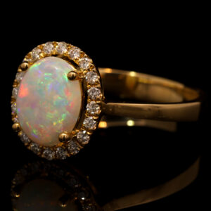 Yellow Gold Blue Green Yellow Orange Pink Solid Australian Crystal Opal and Diamond Engagement Ring