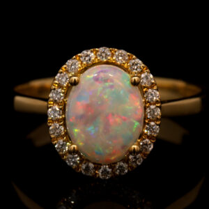 Yellow Gold Blue Green Yellow Orange Pink Solid Australian Crystal Opal and Diamond Engagement Ring