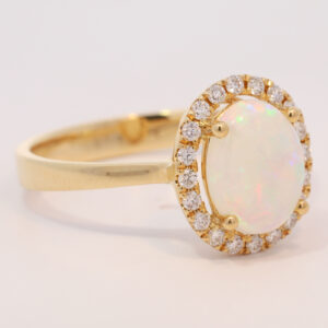 Yellow Gold Blue Green Yellow Orange Pink Solid Australian Crystal Opal and Diamond Engagement Ring