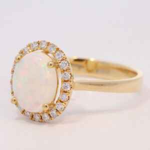 Yellow Gold Blue Green Yellow Orange Pink Solid Australian Crystal Opal and Diamond Engagement Ring