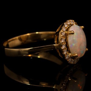 Yellow Gold Blue Green Yellow Orange Pink Solid Australian Crystal Opal and Diamond Engagement Ring