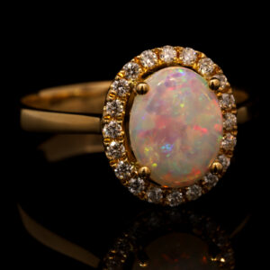 Yellow Gold Blue Green Yellow Orange Pink Solid Australian Crystal Opal and Diamond Engagement Ring