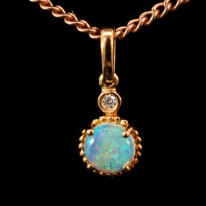 Rose Gold Blue Green Crystal Opal and Diamond Pendant