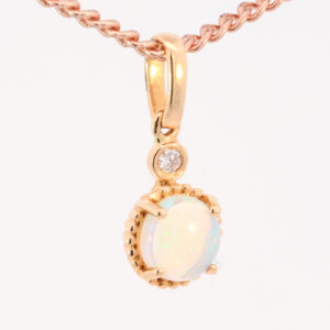 Rose Gold Blue Green Crystal Opal and Diamond Pendant