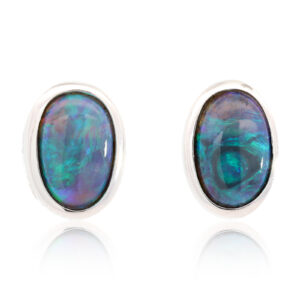 Sterling Silver Blue Green Solid Australian Black Opal Earrings