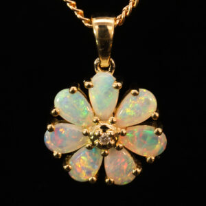 Yellow Gold Blue Green Yellow Orange Pink Crystal Opal and diamond pendant