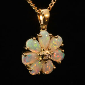 Yellow Gold Blue Green Yellow Orange Pink Crystal Opal and diamond pendant