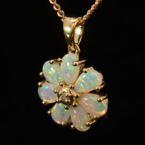 Yellow Gold Blue Green Yellow Orange Pink Crystal Opal and diamond pendant