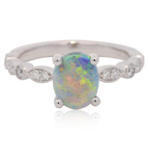 White Gold Blue Green Yellow Orange Crystal Opal and Diamond Ring