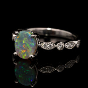 White Gold Blue Green Yellow Orange Crystal Opal and Diamond Ring