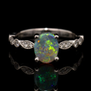 White Gold Blue Green Yellow Orange Crystal Opal and Diamond Ring