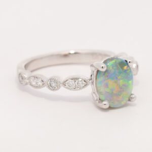 White Gold Blue Green Yellow Orange Crystal Opal and Diamond Ring