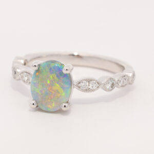 White Gold Blue Green Yellow Orange Crystal Opal and Diamond Ring