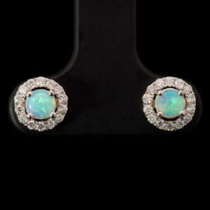 White Gold Blue Green Crystal Opal and Diamond Earrings