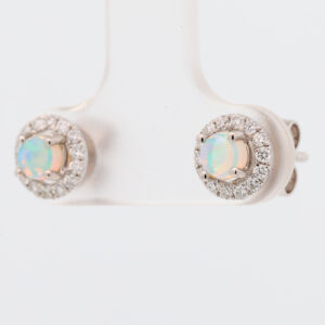 White Gold Blue Green Crystal Opal and Diamond Earrings