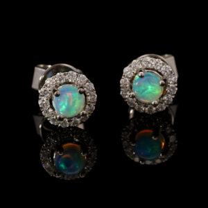 White Gold Blue Green Crystal Opal and Diamond Earrings