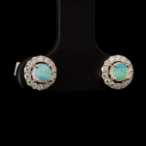 White Gold Blue Green Crystal Opal and Diamond Earrings