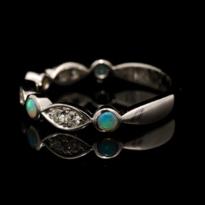 White Gold Blue Green Crystal Opal and Diamond Ring