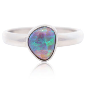 Sterling Silver Blue Green Purple Solid Australian Black Crystal Opal Ring